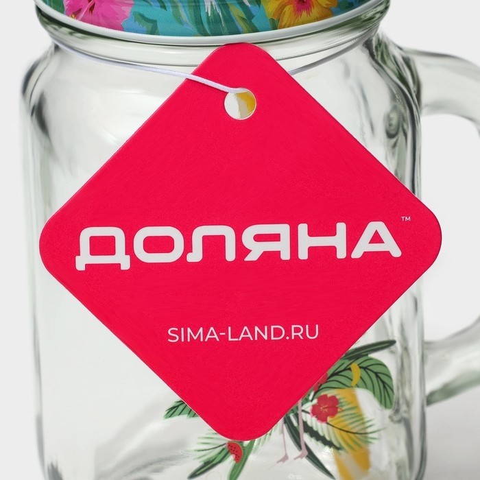 Кружка стеклянная с крышкой и трубочкой Доляна &laquo;Фламинго&raquo;, 450 мл, 10&times;7,5&times;13 см