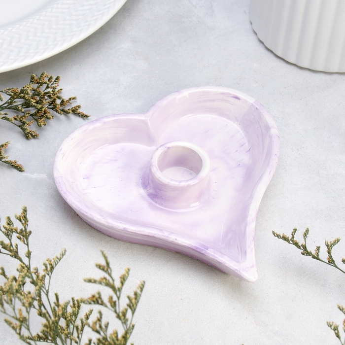 Подсвечник "Сердце" из гипса,14х2,5см,мрамор с фиолетовыми полосками