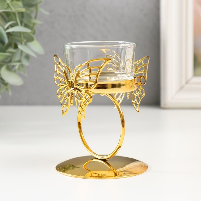 Подсвечник металл на 1 свечу "Бабочка и кольцо" d=5 см золото 6,5х6,5х9,3 см