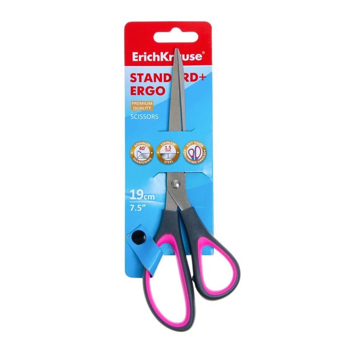 Ножницы Standard+ Ergo, 19 см, лезвия из нержавеющей стали, антискользящие резиновые вставки, ударопрочный пластик, блистер, МИКС