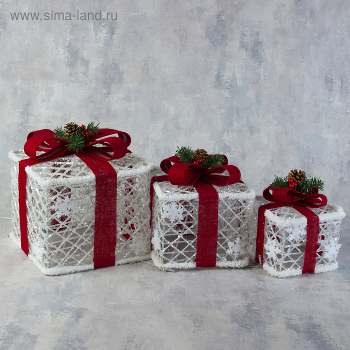 Светодиодная фигура &laquo;Подарки с красной лентой&raquo; 15, 20, 25 см, текстиль, металл, 220 В, свечение белое