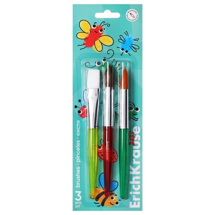 Набор кистей синтетика и пони 3 штуки, ErichKrause "Baby" для творчества, в блистере