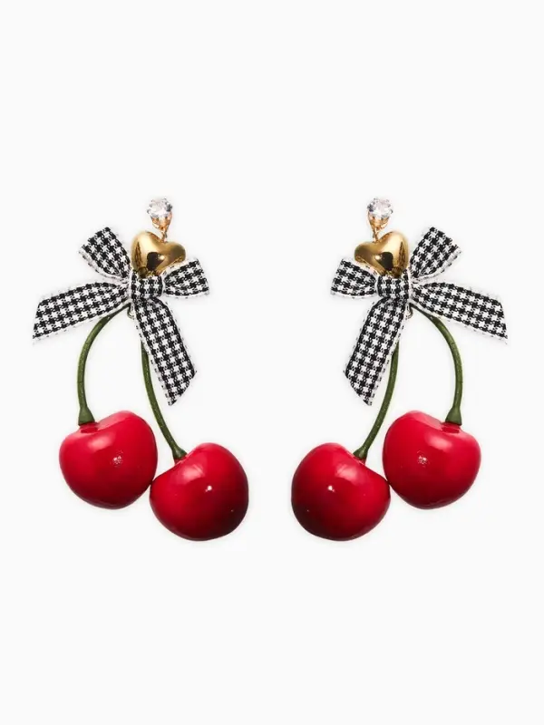 Серьги "Вишня с бантиками" текстиль, цветные в золоте