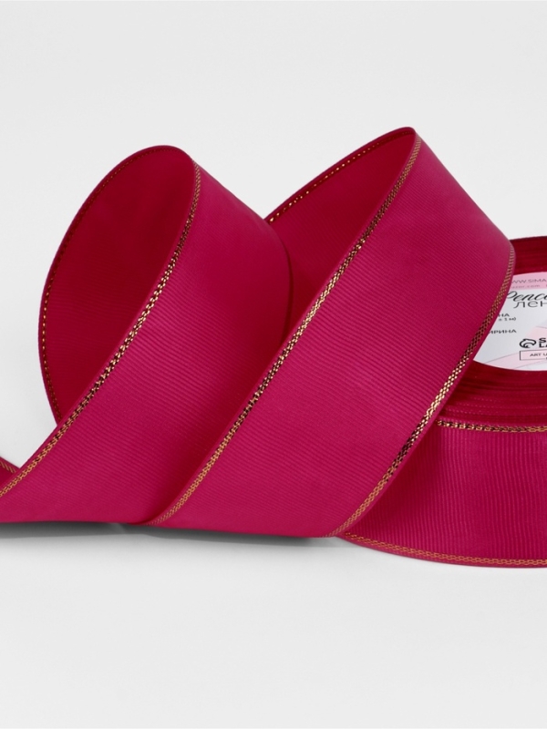 Лента репсовая 40мм*25&plusmn;1ярд(23м&plusmn;1м) золотые нити №028 ярко-розовый АУ