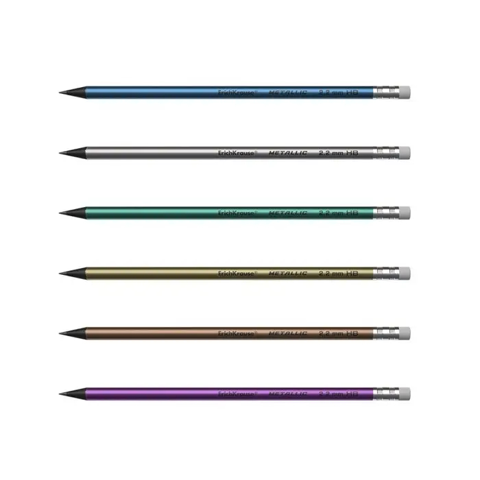 Карандаш чернографитный с ластиком ErichKrause &laquo;Metallic&raquo;, HB, грифель d=2.2 мм, пластик, круглый в тубусе, металлик МИКС