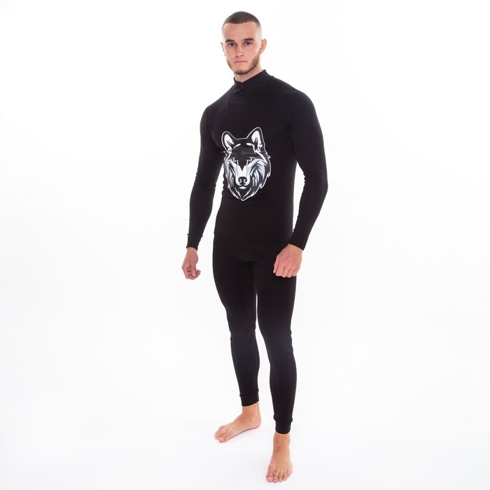 Термобельё мужское НАЧЁС (фуфайка, кальсоны) принт волк, цвет чёрный, размер 50