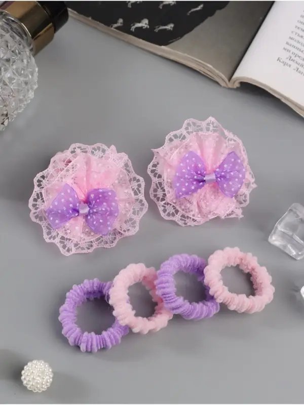 Резинка для волос &laquo;Кружево&raquo;, банты, набор 6 шт., розово-сиреневая
