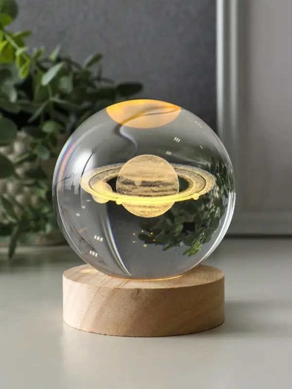 Сувенир стекло подсветка "Солнечная система" d=8 см подставка дерево, USB 8х8х9,5 см