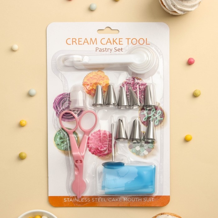 Набор кондитерский &laquo;Норма&raquo;, 13 предметов: щипцы, 8 насадок, кондитерский мешок, адаптер, мерные ложки, кондитерский гвоздь