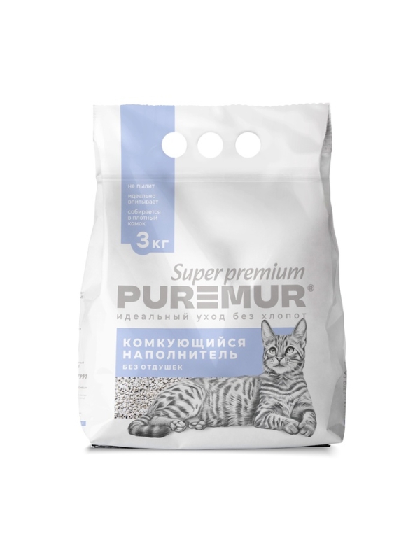 Наполнитель минеральный комкующийся PureMur Super premium 3 кг,пластиковый пакет