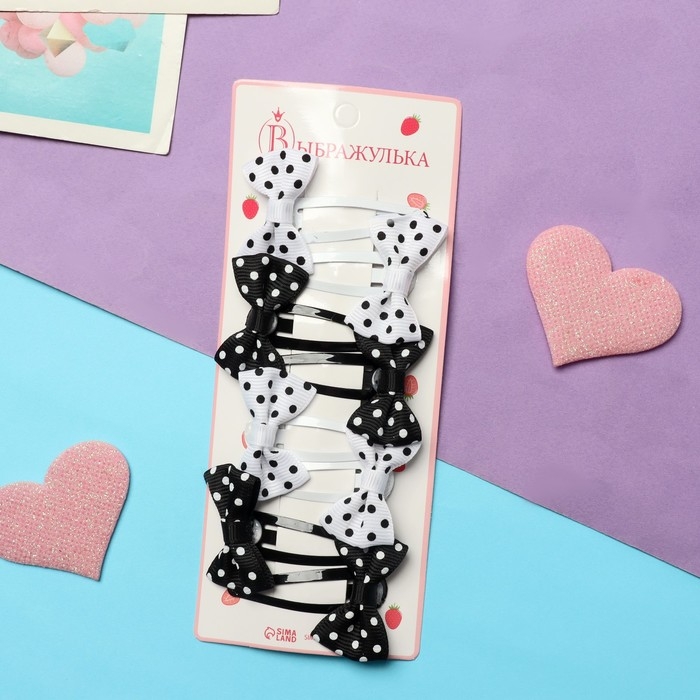 Невидимка для волос Невидимка для волос "Бантики" (набор 8 шт) горох, чёрно-белый