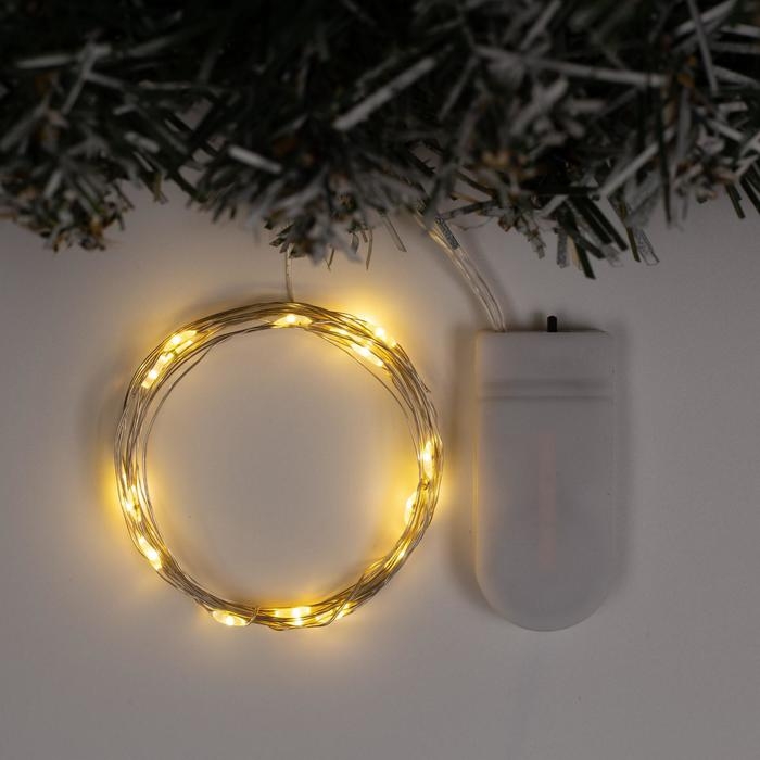 Гирлянда «Нить» 2 м роса, IP20, серебристая нить, 20 LED, батарейки CR2032х2 (в комплекте), свечение тёплое белое Гирлянда «Нить» 2 м роса, IP20, серебристая нить, 20 LED, батарейки CR2032х2 (в комплекте), свечение тёплое белое