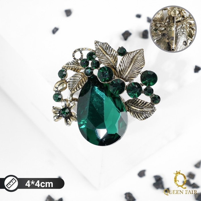 Брошь &laquo;Цветок&raquo; венок славы, цвет изумрудный в чернёном золоте