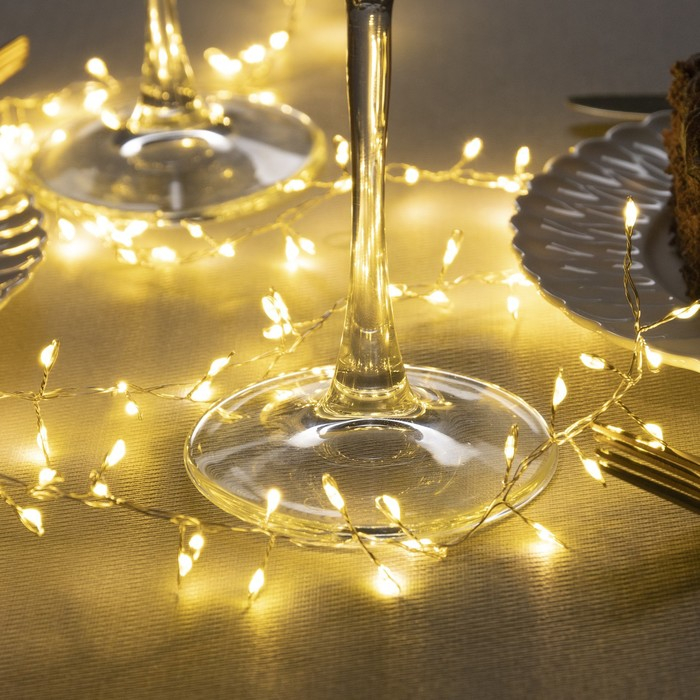 Гирлянда &laquo;Мишура&raquo; 1 м роса, IP20, серебристая нить, 100 LED, 2 режима, батарейки AAх3 (нет в комплекте), свечение тёплое белое