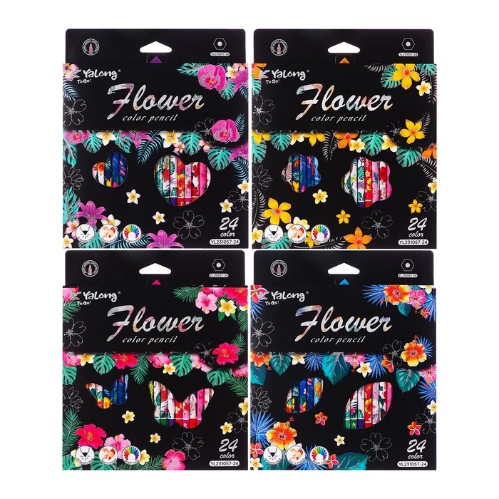 Карандаши 24 цвета в картонной коробке, шестигранные, деревянные,Цветы на чёрном  МИКС