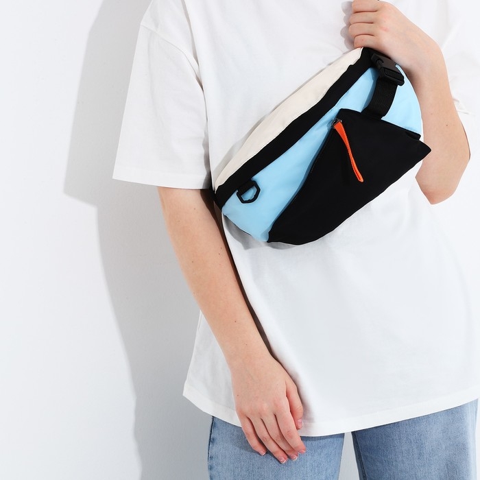 Сумка на одно плечо на молнии, 2 наружных кармана, цвет голубой/чёрный Сумка на одно плечо на молнии, 2 наружных кармана, цвет голубой/чёрный
