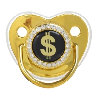 Соска - пустышка силиконовая ортодонтическая &laquo;Доллар&raquo;, от 6 мес., с колпачком + держатель - цепочка, цвет золотой/черный, стразы