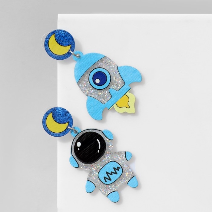 Серьги акрил &laquo;Космос&raquo; ракета и космонавт, цветные в серебре