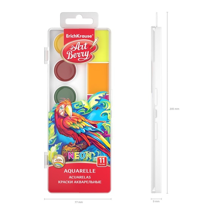 Акварель 11 цветов, ErichKrause ArtBerry Neon, неоновая, с УФ-защитой, с увеличенными кюветами XXL, без кисти, пластик, европодвес