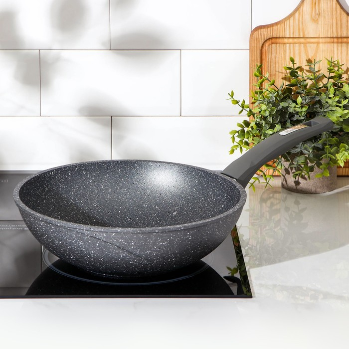 Сковорода-ВОК &laquo;Гранит&raquo;, d=28 см, пластиковая ручка, антипригарное покрытие, цвет серый
