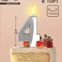 Свеча в торт на шпажке &laquo;Грань&raquo;, цифра 4, серебро, 5 см