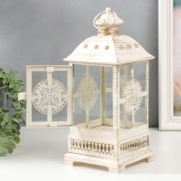 Подсвечник металл, стекло "Фонарь - круглый цветок" белый с патиной 12,5х12,5х30см