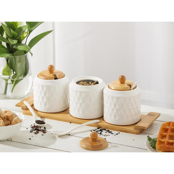 Набор банок фарфоровых для сыпучих продуктов на бамбуковой подставке BellaTenero &laquo;Тюльпан&raquo;, 7 предметов: 3 банки 300 мл, 3 ложки, подставка, керамические, цвет белый