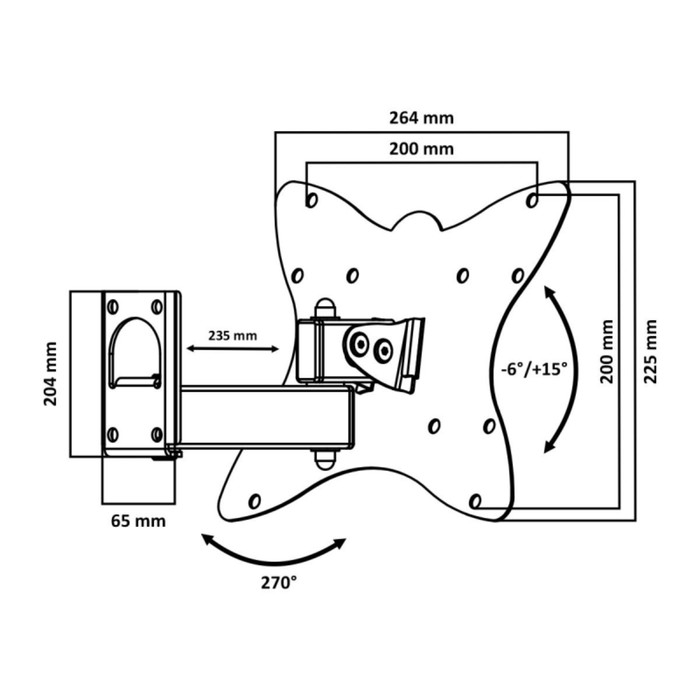 Кронштейн LE'STER LST-201.04, для ТВ, наклонно-поворотный,10-55",95-236  мм от стены,черный