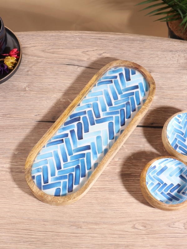 Набор розеток на подносе "Синие птицы" (3 шт) дерево манго 33,5х13х6,5 см