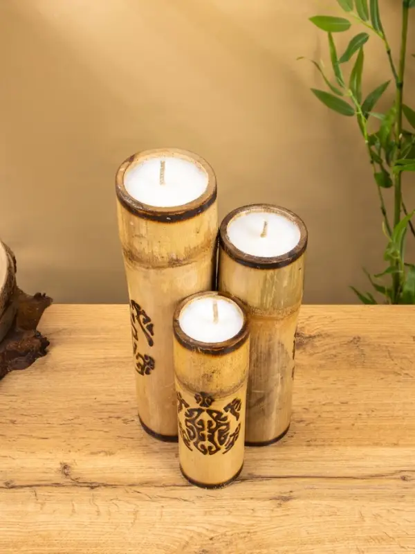 Свеча в бамбуке тройная &laquo;Экзотика&raquo;, 13&times;15&times;30 см, 100 мл, бежевая