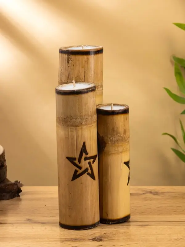 Свеча в бамбуке двойная &laquo;Звезда&raquo;, 13&times;14&times;30 см, 100 мл, бежевая