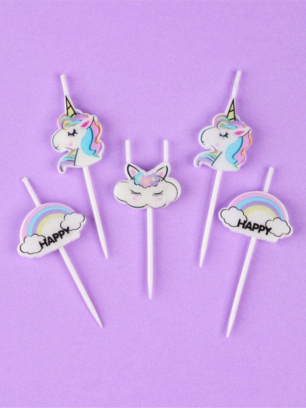 Набор свечей для торта, 5 шт "Единороги и облака", белые