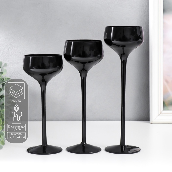 Подсвечник стекло Подсвечник стекло "Бокал-креманка" чёрный набор 3 шт h- 20, 23, 26х12х12 см