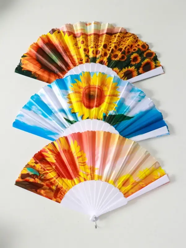 Веер пластик, текстиль "Подсолнухи" МИКС широкие лопасти 23 см