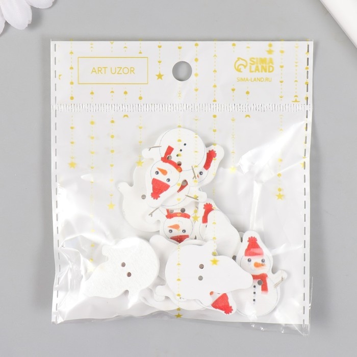 Набор пуговиц для творчества дерево "Снеговик в шапке и шарфике" набор 15 шт 3,4х2,5 см