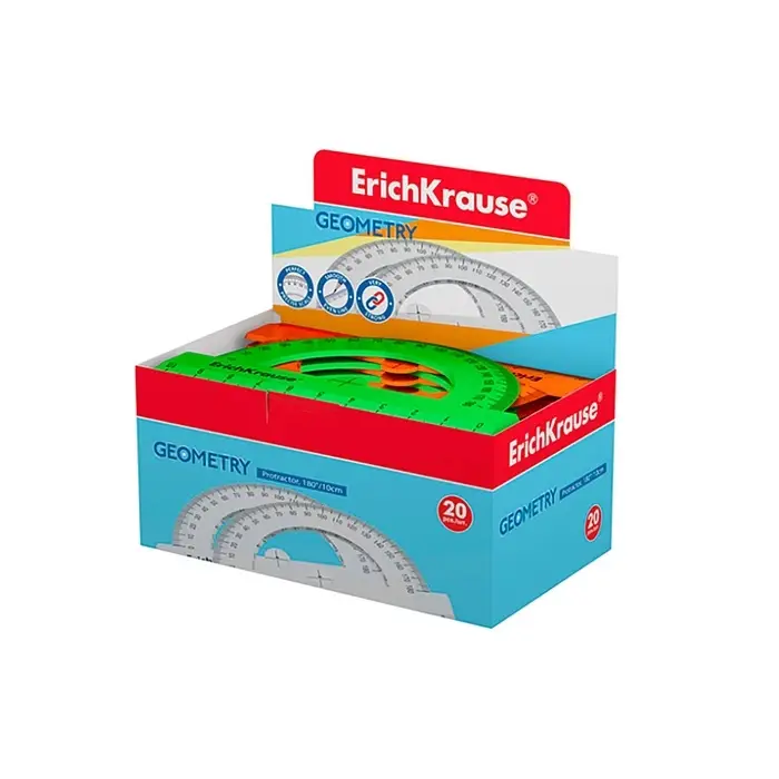 Транспортир 10см 180&deg;, ErichKrause "Neon Solid", пластик, непрозрачный, коробка-дисплей, МИКС