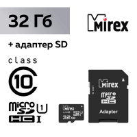 Карта памяти Mirex microSD, 32 Гб, SDHC, UHS-I, класс 10, с адаптером SD Карта памяти Mirex microSD, 32 Гб, SDHC, UHS-I, класс 10, с адаптером SD
