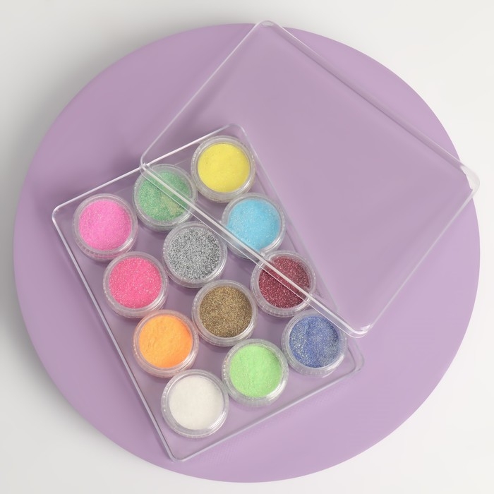 Блёстки для декора ногтей, мелкие, в пластиковом органайзере, набор 12 баночек, разноцветные Блёстки для декора ногтей, мелкие, в пластиковом органайзере, набор 12 баночек, разноцветные