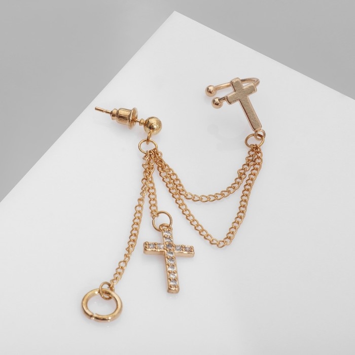 Серьга &laquo;Кафф&raquo; два креста с кругом, цвет белый в золоте