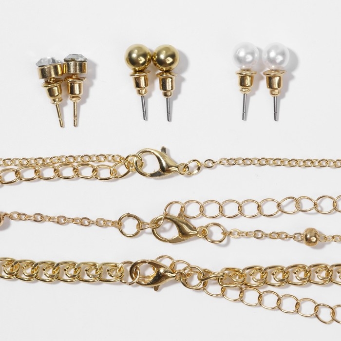 Набор: 3 колье, 3 пары пусет &laquo;Эстетика&raquo; сердце, цвет белый в золоте, 32 см