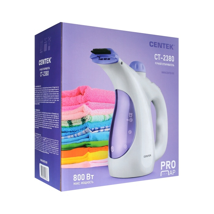 Отпариватель Centek CT-2380, ручной, 800 Вт, 330 мл, 15 г/мин, шнур 2 м, бело-фиолетовый Отпариватель Centek CT-2380, ручной, 800 Вт, 330 мл, 15 г/мин, шнур 2 м, бело-фиолетовый