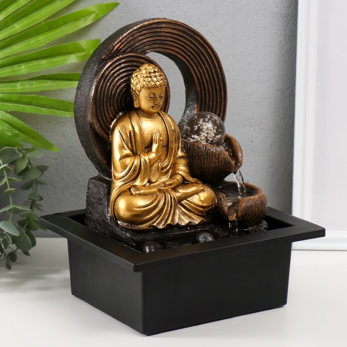 Фонтан настольный от сети, подсветка Фонтан настольный от сети, подсветка "Золотой Будда у фонтана с кольцами" 21х17,5х26 см