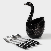Подставка для столовых приборов &laquo;Лебедь&raquo;, 5 предметов: подставка 9&times;6,5&times;16,5 см, 2 ложки, 2 вилки, цвет чёрный