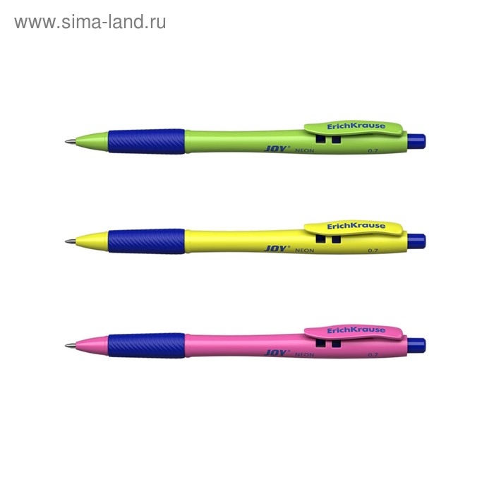 Набор ручек шариковых автоматических 3 штуки Ultra Glide Technology JOY Neon, резиновый упор, узел 0.7 мм, чернила синие, длина линии письма 1300 метров, европодвес