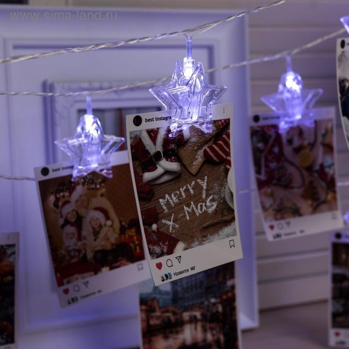 Гирлянда &laquo;Нить&raquo; 4.5 м с насадками &laquo;Прищепки-звёзды&raquo;, IP20, прозрачная нить, 20 LED, свечение белое, 220 В