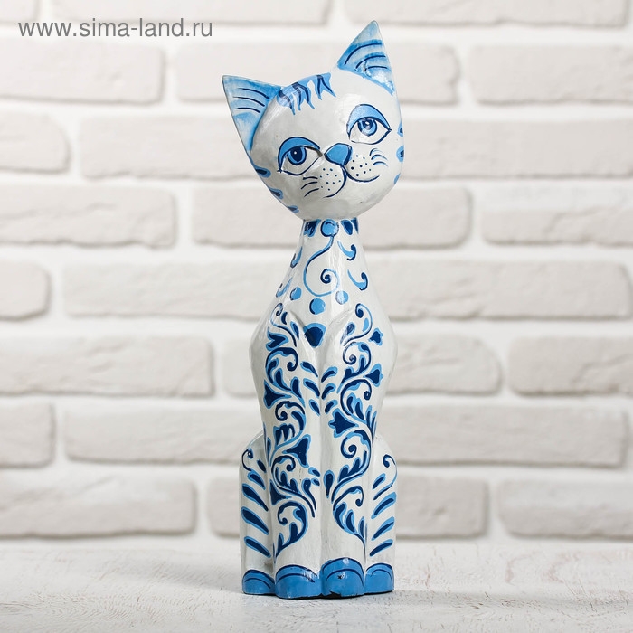 Сувенир дерево "Кошка с синей росписью" 9х4,5х30 см