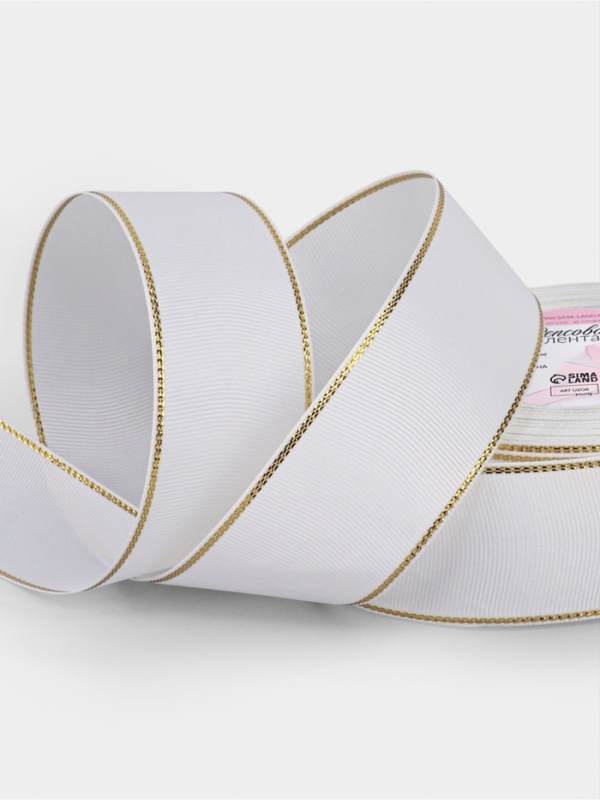 Лента репсовая 40мм*25&plusmn;1ярд(23м&plusmn;1м) золотые нити №001 белый АУ