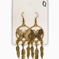 Серьги метал "Аутентичность" бабочка с перьями, цвет чернёное золото