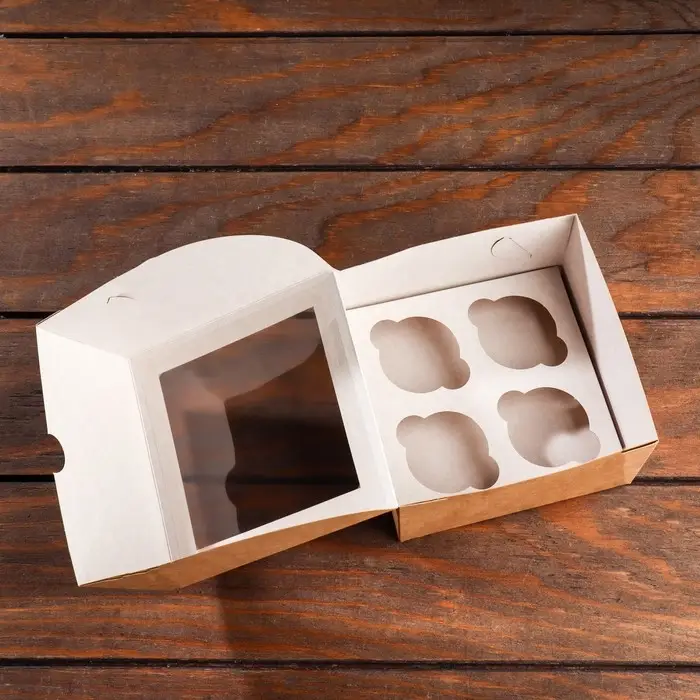 Упаковка на 4 мини - капкейка крафт с окном, 13&times;13&times;8 см