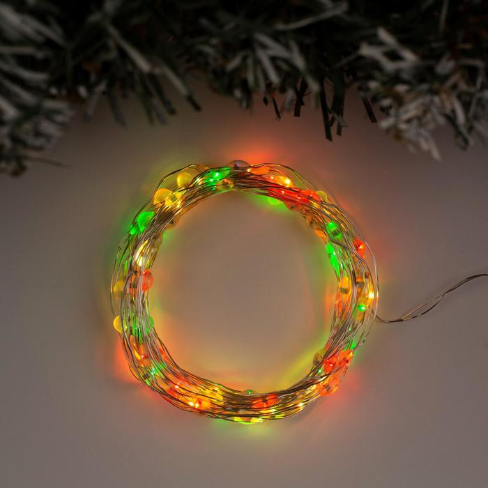 Гирлянда &laquo;Нить&raquo; 5 м роса, IP20, серебристая нить, 100 LED, 2 режима, батарейки AAх3 (нет в комплекте), свечение мульти (RGB)